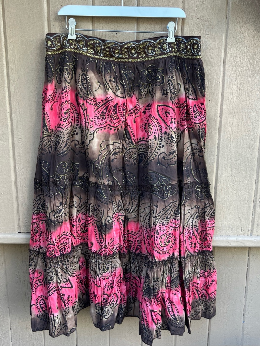 Metro 7 Pink and Black Paisley Tiered Maxi Skirt